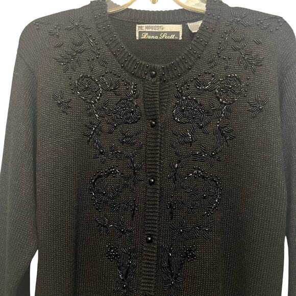Vintage 80s Beaded Cardigan Sweater Size Medium Black Retro Style Rockabilly - Picture 3 of 11